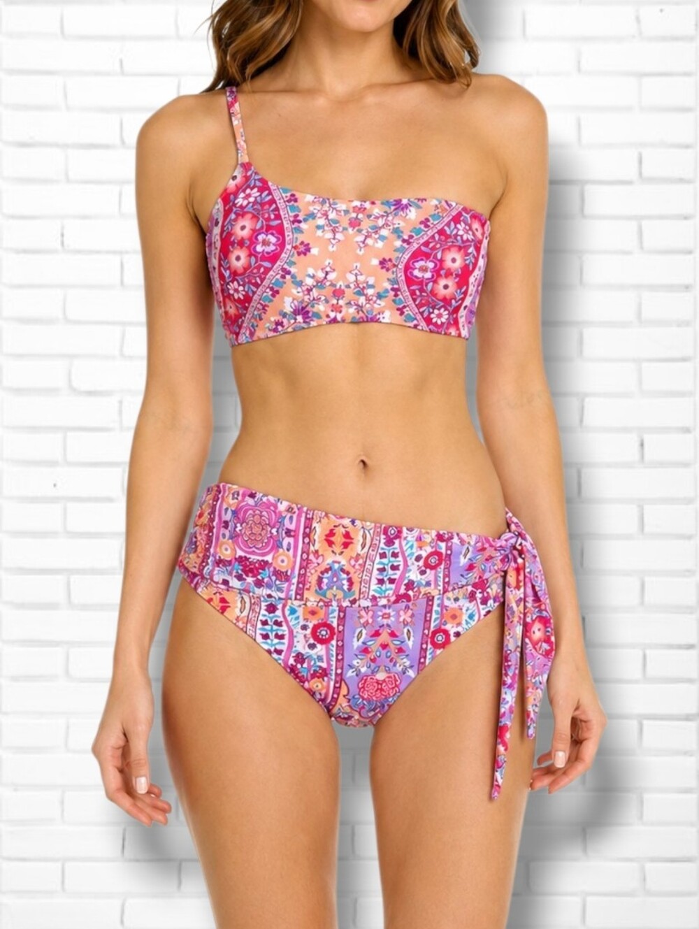 Nanette Lepore Asymmetrical Tropical Pink One-shoulder Bikini Set Size 8